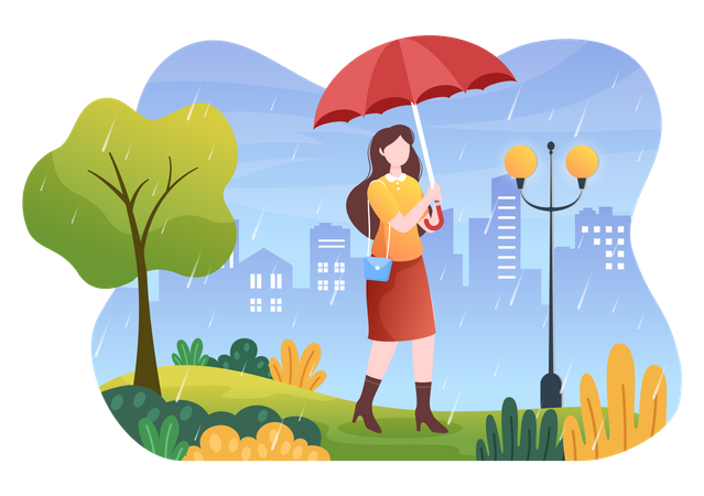 Chica con paraguas caminando bajo la lluvia  Ilustración