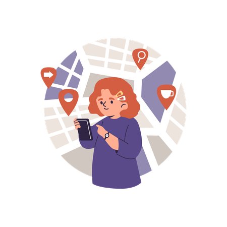 Chica con su teléfono inteligente que usa una aplicación para determinar su ubicación  Ilustración