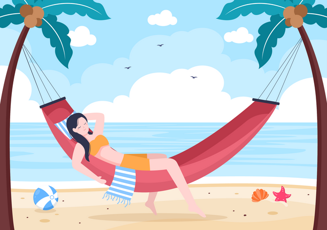 Chica vistiendo traje de baño y tumbada en una hamaca en la playa  Ilustración