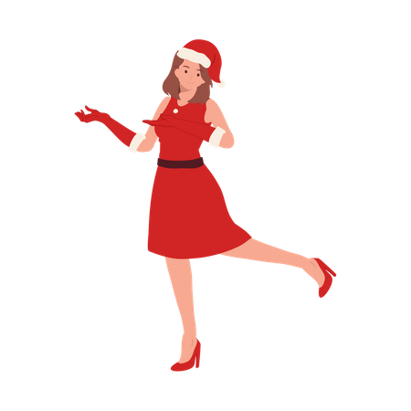 Chica vestida de Papá Noel y mostrando algo que queda  Ilustración