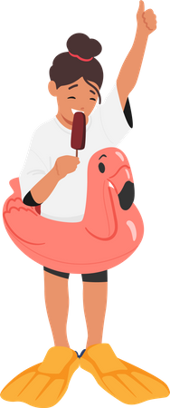 Chica con un anillo inflable alrededor de su cintura.  Ilustración