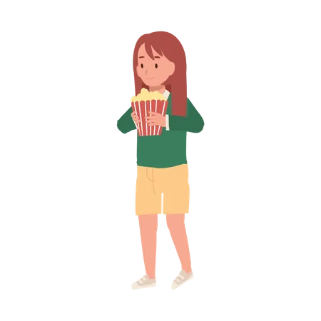 Chica con cubo de palomitas de maíz camina al cine  Ilustración