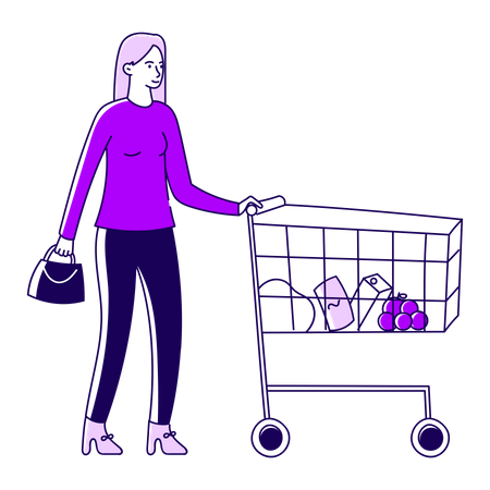 Chica con un carrito de compras  Ilustración