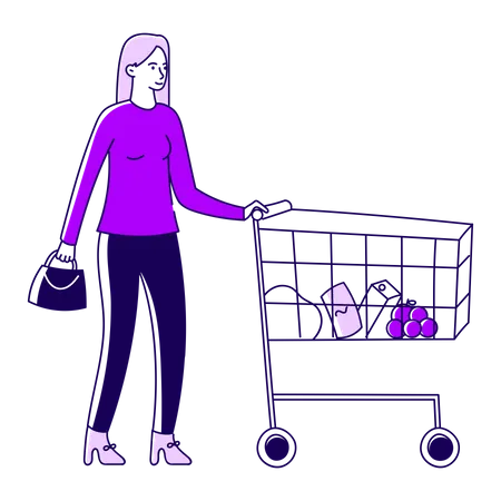 Chica con un carrito de compras  Ilustración