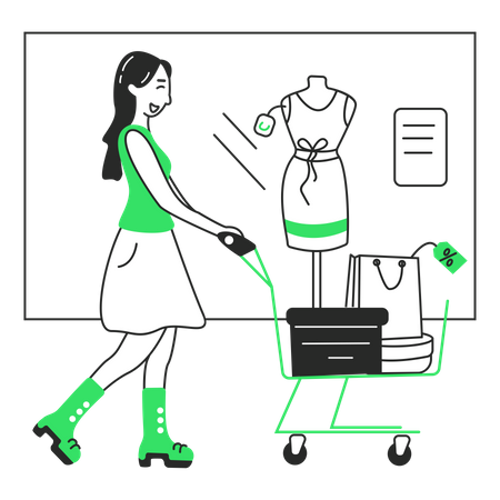 Una chica con un carrito recorre una tienda.  Ilustración