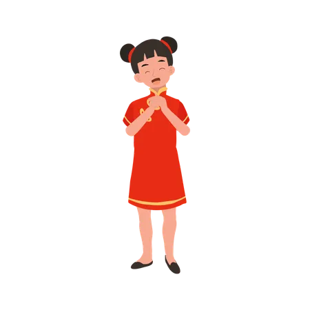 Chica con vestido tradicional chino dando saludo  Ilustración
