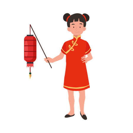 Chica con vestido tradicional chino sosteniendo linterna roja  Ilustración