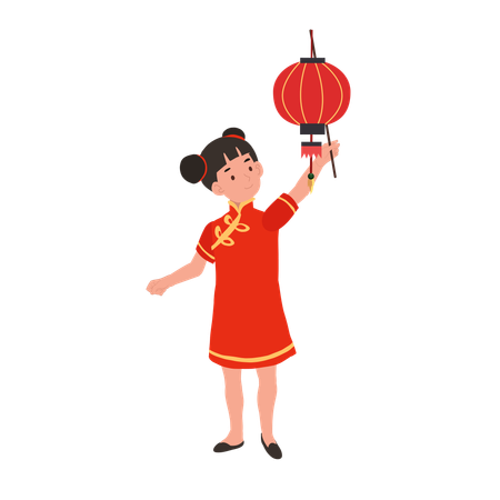 Chica con vestido tradicional chino sosteniendo linterna roja  Ilustración