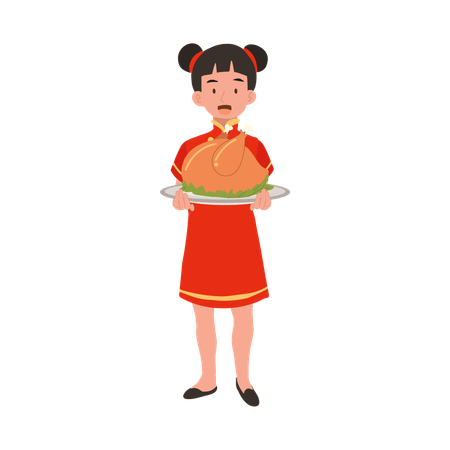 Chica con vestido tradicional chino sosteniendo un plato de carne  Ilustración