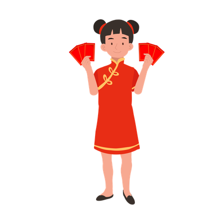 Chica con vestido tradicional chino sosteniendo sobre rojo  Ilustración