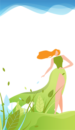 Chica con vestido verde caminando en el parque  Ilustración