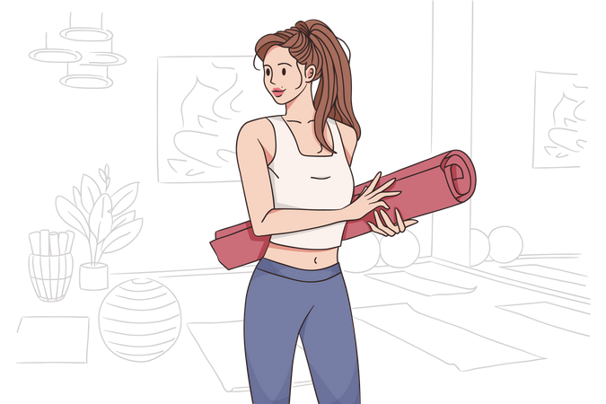 Chica con estera de yoga  Ilustración