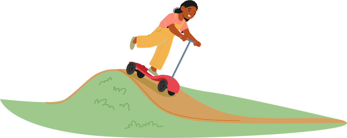 Chica conduciendo un patinete sobre una colina cubierta de hierba  Ilustración