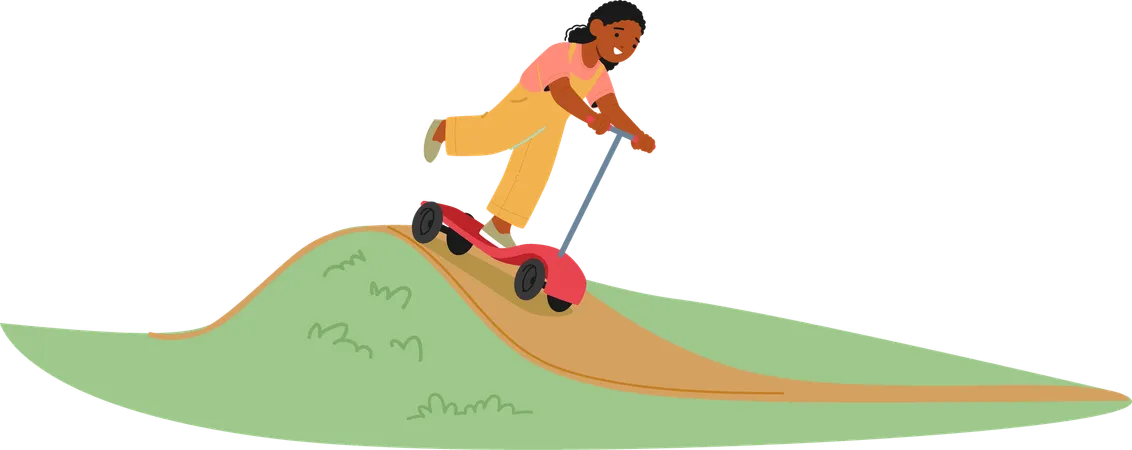 Chica conduciendo un patinete sobre una colina cubierta de hierba  Ilustración