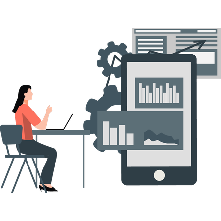 Chica configurando un gráfico empresarial en un dispositivo móvil  Ilustración