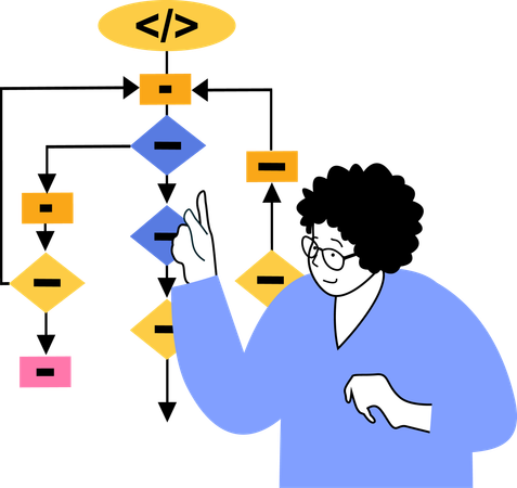 Niña contando sobre diagrama de programación  Ilustración