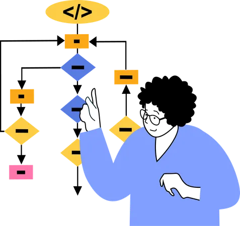 Niña contando sobre diagrama de programación  Ilustración