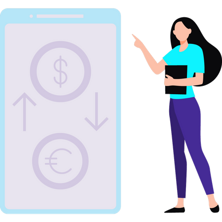 Chica convierte dólares a euros online  Illustration