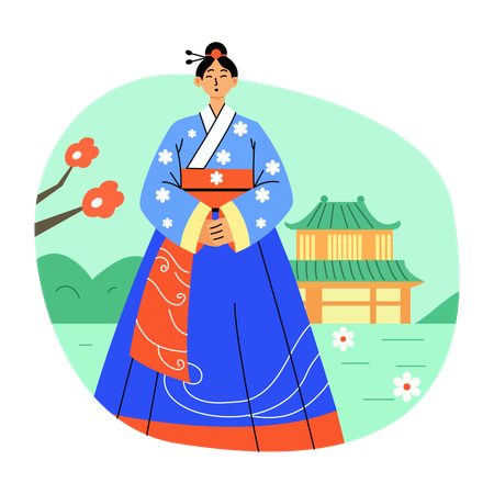 Feliz niña coreana vistiendo hanbok  Ilustración