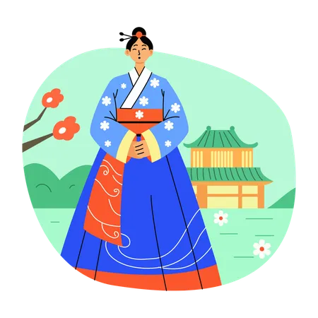 Feliz niña coreana vistiendo hanbok  Ilustración