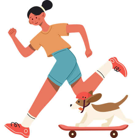 Chica corriendo con perro mascota  Ilustración