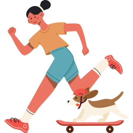 Chica corriendo con perro mascota  Ilustración