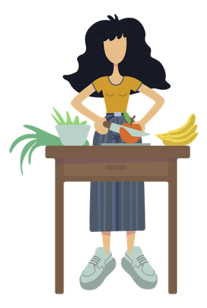 Chica cortando frutas para comida dietética  Illustration