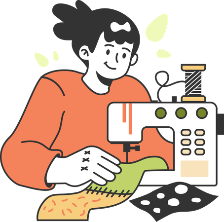 Chica cosiendo pieza de tela usando máquina de coser  Ilustración