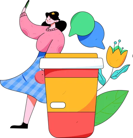 Chica dando reseña de café  Ilustración