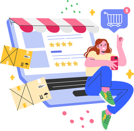 Chica dando reseña de compras en línea  Ilustración