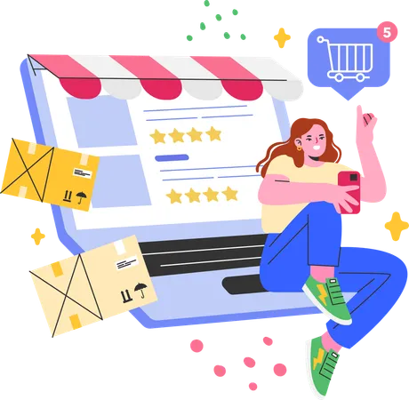 Chica dando reseña de compras en línea  Ilustración