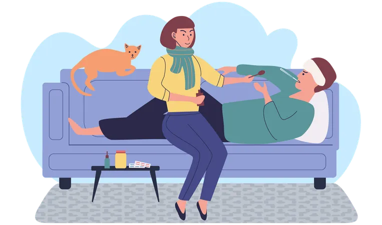Chica dándole poción a un chico enfermo  Ilustración