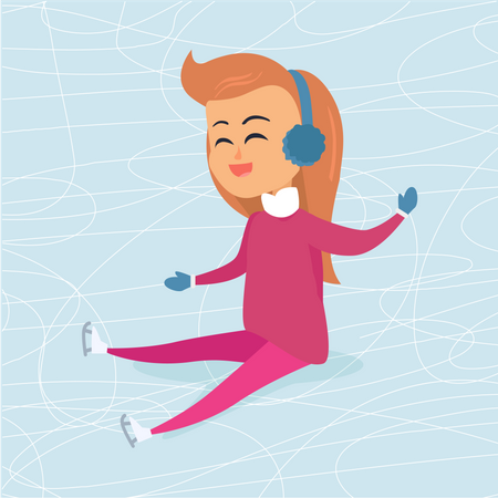 Chica con auriculares azules se sienta en la pista de hielo  Ilustración