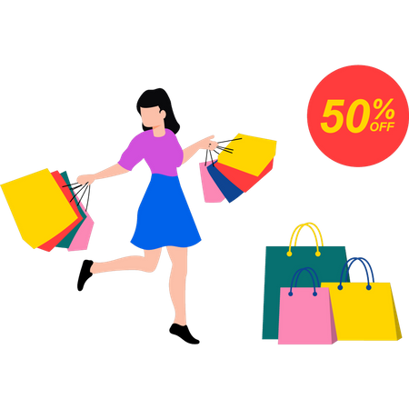 Chica comprando con 50% de descuento  Illustration