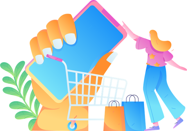 Chica de compras a través de una aplicación móvil  Ilustración