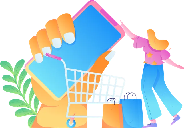 Chica de compras a través de una aplicación móvil  Ilustración