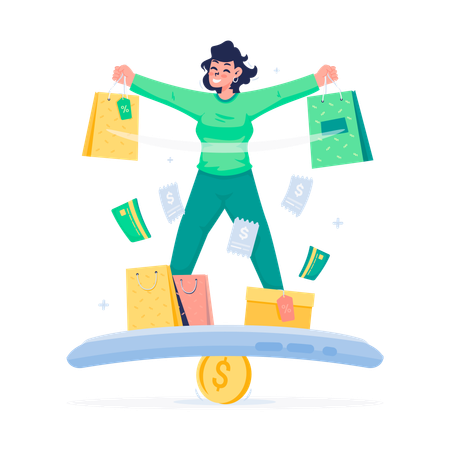 Chica de compras con equilibrio de compras en línea  Ilustración