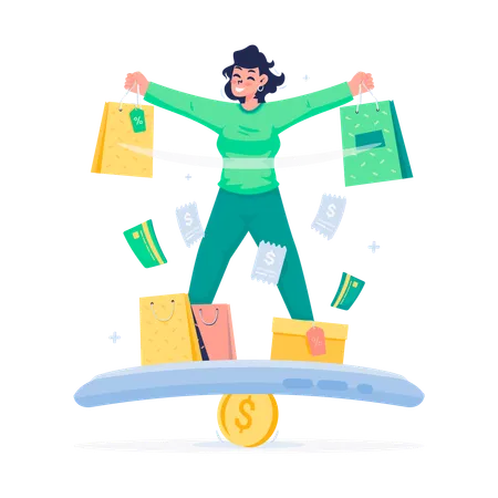 Chica de compras con equilibrio de compras en línea  Ilustración