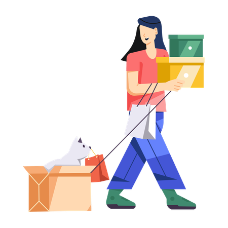 Chica de compras con perro  Ilustración