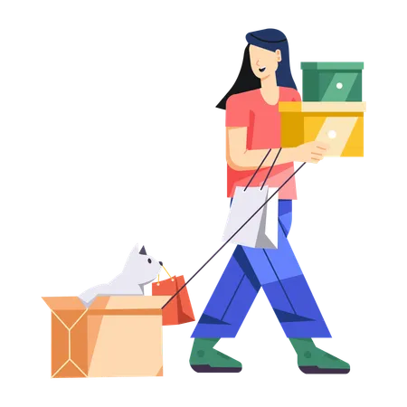 Chica de compras con perro  Ilustración