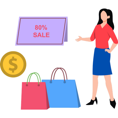 Chica de compras con descuento del 80%  Ilustración