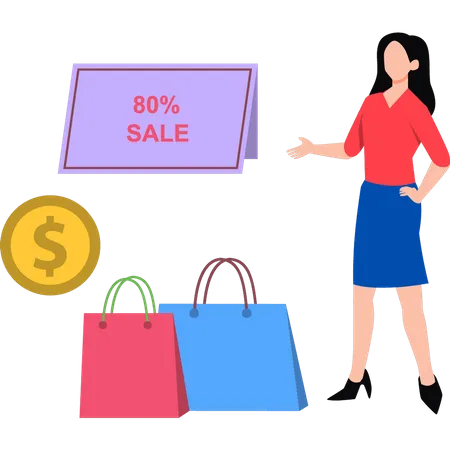 Chica de compras con descuento del 80%  Ilustración