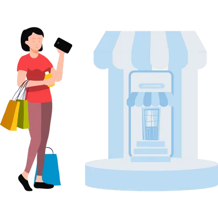 Chica de compras en línea  Ilustración