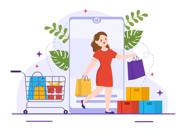 Chica de compras por teléfono móvil  Ilustración