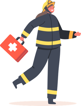 Chica de fuego sosteniendo botiquín de primeros auxilios  Ilustración