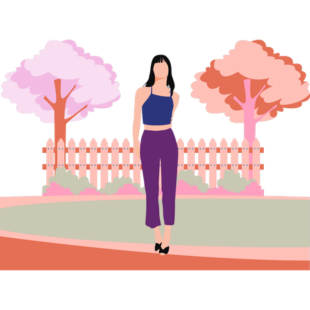 La chica de moda está parada en el parque.  Ilustración