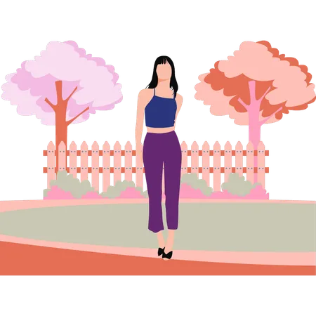 La chica de moda está parada en el parque.  Ilustración