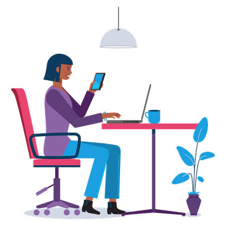 Chica de negocios trabajando en una computadora portátil mientras sostiene el móvil en la mano en la oficina  Ilustración