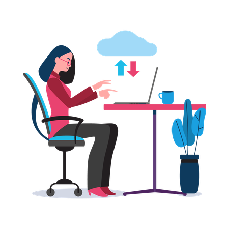 Chica de negocios trabajando en un servicio en la nube  Ilustración