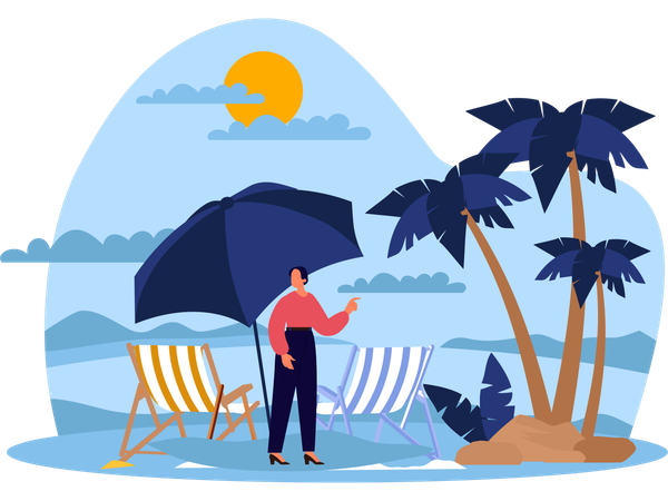 Chica de pie cerca de una tumbona en la playa  Ilustración